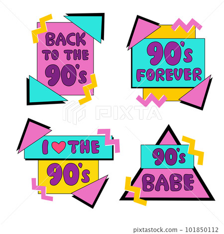 Set of emblems, stickers, logo and labels of the 90s. Back to 90s. I love the 90. Forever Young. 90s style label lettering, abstract colorful geometric shapes. Set of emblems, stickers, logo and labels of the 90s. Back to 90s. I love the 90. Forever Young. 90s style label lettering, abstract colorful geometric shapes. 101850112