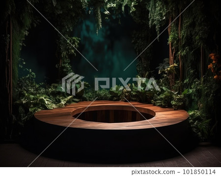 Cosmetics product advertising stand. Exhibition wooden podium on green background with leaves and shadows. Empty pedestal to display product packaging. Mockup. Generative AI. Cosmetics product advertising stand. Exhibition wooden podium on green background with leaves and shadows. Empty pedestal to display product packaging. Mockup. Generative AI. 101850114