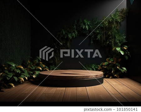 Cosmetics product advertising stand. Exhibition wooden podium on green background with leaves and shadows. Empty pedestal to display product packaging. Mockup. Generative AI. Cosmetics product advertising stand. Exhibition wooden podium on green background with leaves and shadows. Empty pedestal to display product packaging. Mockup. Generative AI. 101850141