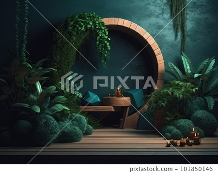 Cosmetics product advertising stand. Exhibition wooden podium on green background with leaves and shadows. Empty pedestal to display product packaging. Mockup. Generative AI. 101850146