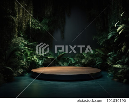 Cosmetics product advertising stand. Exhibition wooden podium on green background with leaves and shadows. Empty pedestal to display product packaging. Mockup. Generative AI. 101850190
