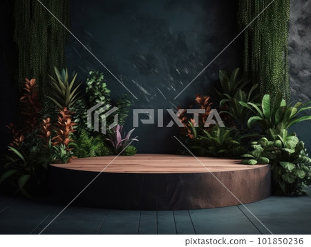 Cosmetics product advertising stand. Exhibition wooden podium on green background with leaves and shadows. Empty pedestal to display product packaging. Mockup. Generative AI. 101850236