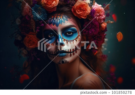 Portrait of a woman with sugar skull makeup over dark background. Halloween costume and make-up. Portrait of Calavera Catrina. Generative AI. 101850278