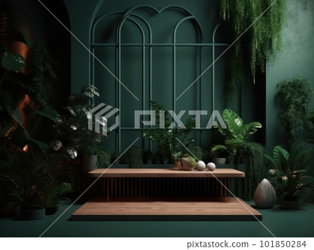 Cosmetics product advertising stand. Exhibition wooden podium on green background with leaves and shadows. Empty pedestal to display product packaging. Mockup. Generative AI. 101850284