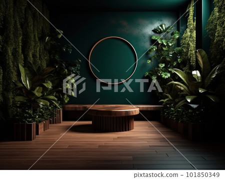 Cosmetics product advertising stand. Exhibition wooden podium on green background with leaves and shadows. Empty pedestal to display product packaging. Mockup. Generative AI. 101850349