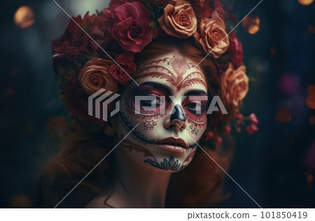 Portrait of a woman with sugar skull makeup over dark background. Halloween costume and make-up. Portrait of Calavera Catrina. Generative AI. Portrait of a woman with sugar skull makeup over dark background. Halloween costume and make-up. Portrait of Calavera Catrina. Generative AI. 101850419