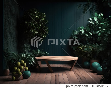 Cosmetics product advertising stand. Exhibition wooden podium on green background with leaves and shadows. Empty pedestal to display product packaging. Mockup. Generative AI. Cosmetics product advertising stand. Exhibition wooden podium on green background with leaves and shadows. Empty pedestal to display product packaging. Mockup. Generative AI. 101850557