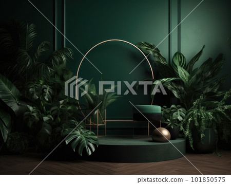 Cosmetics product advertising stand. Exhibition wooden podium on green background with leaves and shadows. Empty pedestal to display product packaging. Mockup. Generative AI. 101850575