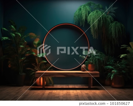 Cosmetics product advertising stand. Exhibition wooden podium on green background with leaves and shadows. Empty pedestal to display product packaging. Mockup. Generative AI. 101850627