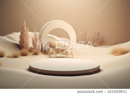Podium on sand background. Display with sunshade and shadow on the background for cosmetic perfume fashion natural product. Generative AI. 101850631