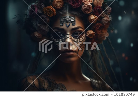 Portrait of a woman with sugar skull makeup over dark background. Halloween costume and make-up. Portrait of Calavera Catrina. Generative AI. 101850749