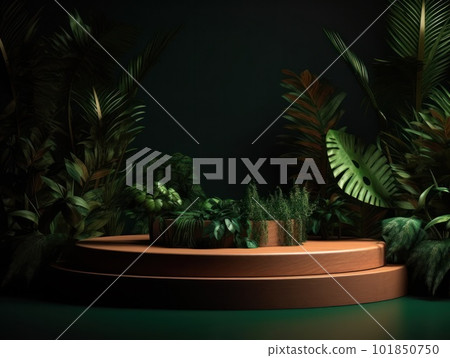 Cosmetics product advertising stand. Exhibition wooden podium on green background with leaves and shadows. Empty pedestal to display product packaging. Mockup. Generative AI. 101850750