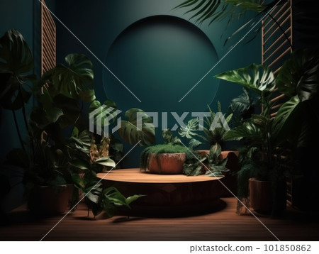 Cosmetics product advertising stand. Exhibition wooden podium on green background with leaves and shadows. Empty pedestal to display product packaging. Mockup. Generative AI. 101850862