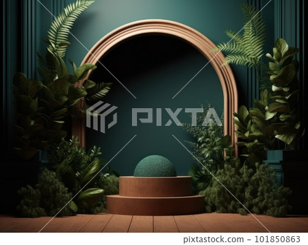 Cosmetics product advertising stand. Exhibition wooden podium on green background with leaves and shadows. Empty pedestal to display product packaging. Mockup. Generative AI. 101850863