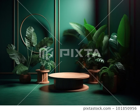 Cosmetics product advertising stand. Exhibition wooden podium on green background with leaves and shadows. Empty pedestal to display product packaging. Mockup. Generative AI. 101850956