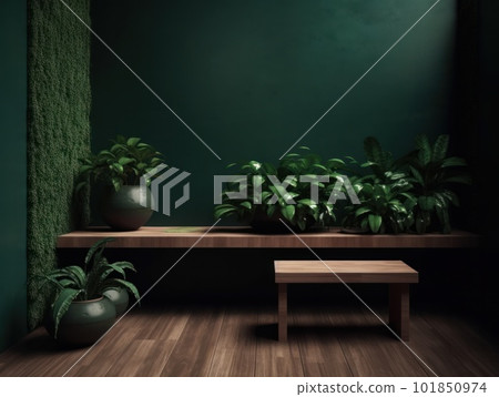 Cosmetics product advertising stand. Exhibition wooden podium on green background with leaves and shadows. Empty pedestal to display product packaging. Mockup. Generative AI. 101850974