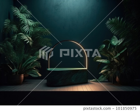 Cosmetics product advertising stand. Exhibition wooden podium on green background with leaves and shadows. Empty pedestal to display product packaging. Mockup. Generative AI. Cosmetics product advertising stand. Exhibition wooden podium on green background with leaves and shadows. Empty pedestal to display product packaging. Mockup. Generative AI. 101850975