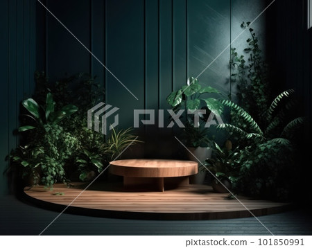 Cosmetics product advertising stand. Exhibition wooden podium on green background with leaves and shadows. Empty pedestal to display product packaging. Mockup. Generative AI. 101850991