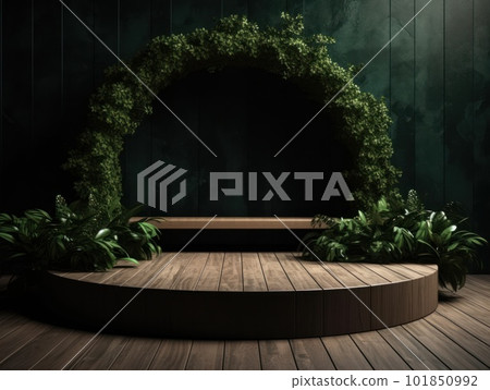 Cosmetics product advertising stand. Exhibition wooden podium on green background with leaves and shadows. Empty pedestal to display product packaging. Mockup. Generative AI. 101850992