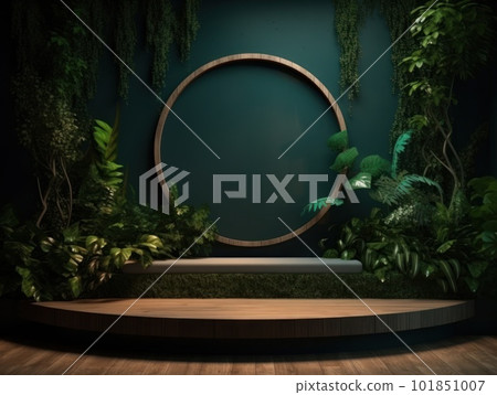 Cosmetics product advertising stand. Exhibition wooden podium on green background with leaves and shadows. Empty pedestal to display product packaging. Mockup. Generative AI. 101851007