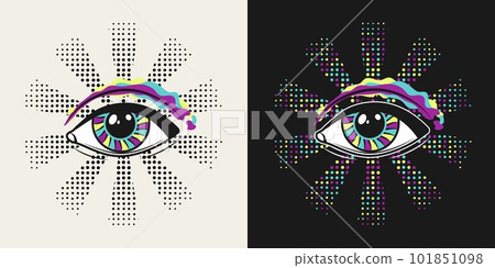 All seeing eye, eye of providence. Masonic symbol. Halftone radial beams behind. Colorful psychedelic illustration in vintage style. Good for groovy, hippie, mystical style All seeing eye, eye of providence. Masonic symbol. Halftone radial beams behind. Colorful psychedelic illustration in vintage style. Good for groovy, hippie, mystical style 101851098