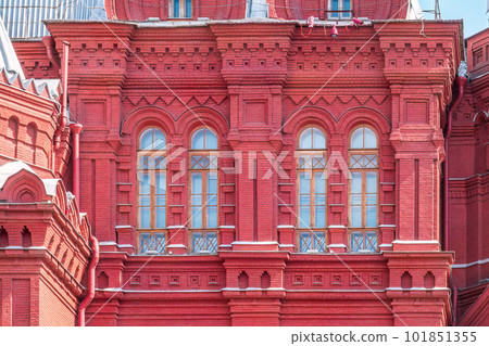 Fragment of the facade of an old building of the 19th century. State historical museum on the Red Square in Moscow, Russia 101851355
