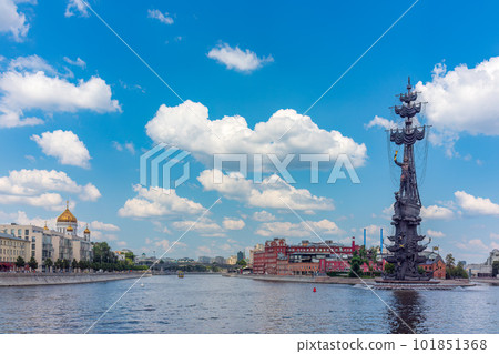 View of Kremlin with Vodovzvodnaya tower, Grand Kremlin Palace from repaired Bolshoy Kamenny Bridgein Moscow city on sunny summer day 101851368