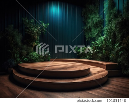 Cosmetics product advertising stand. Exhibition wooden podium on green background with leaves and shadows. Empty pedestal to display product packaging. Mockup. Generative AI. 101851548