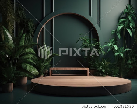 Cosmetics product advertising stand. Exhibition wooden podium on green background with leaves and shadows. Empty pedestal to display product packaging. Mockup. Generative AI. Cosmetics product advertising stand. Exhibition wooden podium on green background with leaves and shadows. Empty pedestal to display product packaging. Mockup. Generative AI. 101851550