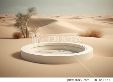 Podium on sand background. Display with sunshade and shadow on the background for cosmetic perfume fashion natural product. Generative AI. 101851635