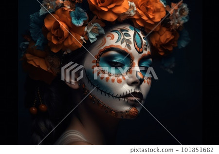 Portrait of a woman with sugar skull makeup over dark background. Halloween costume and make-up. Portrait of Calavera Catrina. Generative AI. 101851682