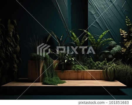 Cosmetics product advertising stand. Exhibition wooden podium on green background with leaves and shadows. Empty pedestal to display product packaging. Mockup. Generative AI. 101851683