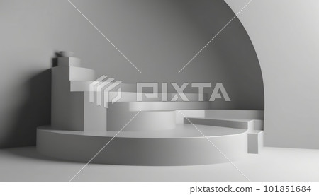 Elegant abstract set of white podiums in sunlight with shadow on white background for product display. Simple modern geometric design. Generative AI. 101851684