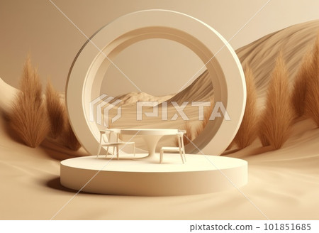 Podium on sand background. Display with sunshade and shadow on the background for cosmetic perfume fashion natural product. Generative AI. 101851685