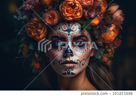 Portrait of a woman with sugar skull makeup over dark background. Halloween costume and make-up. Portrait of Calavera Catrina. Generative AI. 101851686