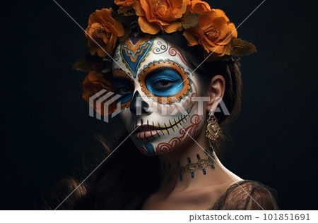 Portrait of a woman with sugar skull makeup over dark background. Halloween costume and make-up. Portrait of Calavera Catrina. Generative AI. Portrait of a woman with sugar skull makeup over dark background. Halloween costume and make-up. Portrait of Calavera Catrina. Generative AI. 101851691