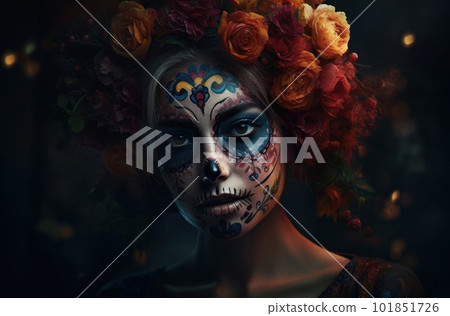 Portrait of a woman with sugar skull makeup over dark background. Halloween costume and make-up. Portrait of Calavera Catrina. Generative AI. Portrait of a woman with sugar skull makeup over dark background. Halloween costume and make-up. Portrait of Calavera Catrina. Generative AI. 101851726
