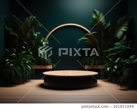 Cosmetics product advertising stand. Exhibition wooden podium on green background with leaves and shadows. Empty pedestal to display product packaging. Mockup. Generative AI. 101851849