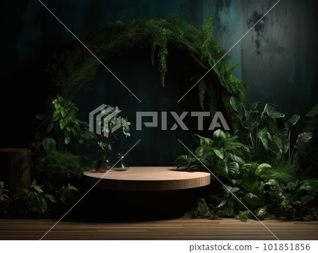 Cosmetics product advertising stand. Exhibition wooden podium on green background with leaves and shadows. Empty pedestal to display product packaging. Mockup. Generative AI. Cosmetics product advertising stand. Exhibition wooden podium on green background with leaves and shadows. Empty pedestal to display product packaging. Mockup. Generative AI. 101851856