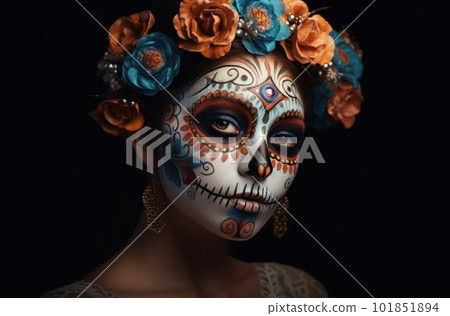 Children in carnival costumes with scary face painting on Halloween. Black  background. Stock Photo