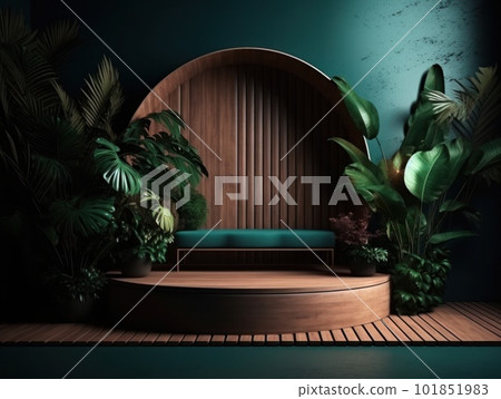 Cosmetics product advertising stand. Exhibition wooden podium on green background with leaves and shadows. Empty pedestal to display product packaging. Mockup. Generative AI. 101851983