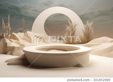 Podium on sand background. Display with sunshade and shadow on the background for cosmetic perfume fashion natural product. Generative AI. Podium on sand background. Display with sunshade and shadow on the background for cosmetic perfume fashion natural product. Generative AI. 101852000
