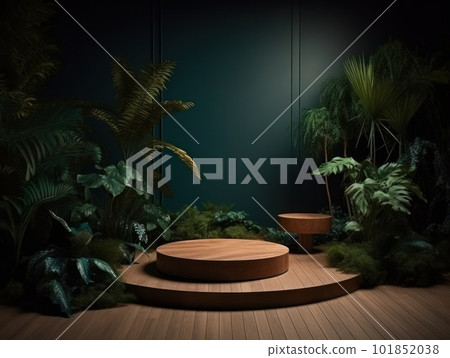 Cosmetics product advertising stand. Exhibition wooden podium on green background with leaves and shadows. Empty pedestal to display product packaging. Mockup. Generative AI. Cosmetics product advertising stand. Exhibition wooden podium on green background with leaves and shadows. Empty pedestal to display product packaging. Mockup. Generative AI. 101852038