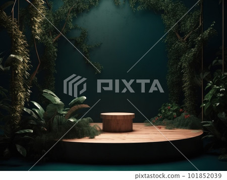 Cosmetics product advertising stand. Exhibition wooden podium on green background with leaves and shadows. Empty pedestal to display product packaging. Mockup. Generative AI. 101852039
