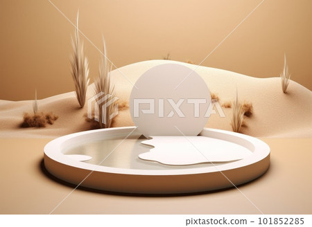 Podium on sand background. Display with sunshade and shadow on the background for cosmetic perfume fashion natural product. Generative AI. Podium on sand background. Display with sunshade and shadow on the background for cosmetic perfume fashion natural product. Generative AI. 101852285