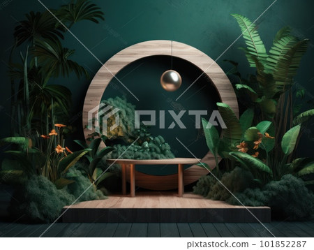 Cosmetics product advertising stand. Exhibition wooden podium on green background with leaves and shadows. Empty pedestal to display product packaging. Mockup. Generative AI. 101852287