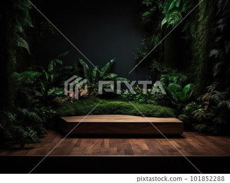 Cosmetics product advertising stand. Exhibition wooden podium on green background with leaves and shadows. Empty pedestal to display product packaging. Mockup. Generative AI. Cosmetics product advertising stand. Exhibition wooden podium on green background with leaves and shadows. Empty pedestal to display product packaging. Mockup. Generative AI. 101852288