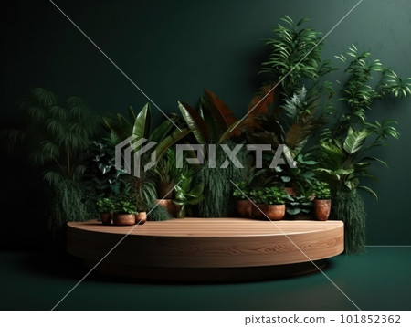 Cosmetics product advertising stand. Exhibition wooden podium on green background with leaves and shadows. Empty pedestal to display product packaging. Mockup. Generative AI. 101852362