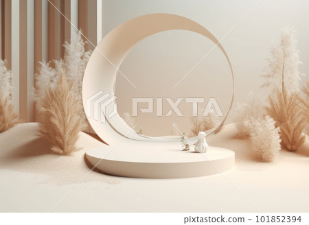 Podium on sand background. Display with sunshade and shadow on the background for cosmetic perfume fashion natural product. Generative AI. Podium on sand background. Display with sunshade and shadow on the background for cosmetic perfume fashion natural product. Generative AI. 101852394
