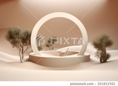 Podium on sand background. Display with sunshade and shadow on the background for cosmetic perfume fashion natural product. Generative AI. Podium on sand background. Display with sunshade and shadow on the background for cosmetic perfume fashion natural product. Generative AI. 101852502